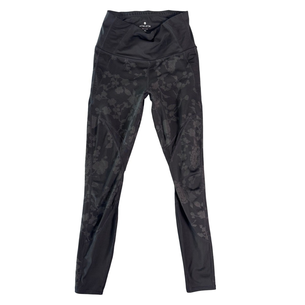 Athleta Leggings XS Black Floral Print Mesh Trim Back Pocket 7/8 Tights